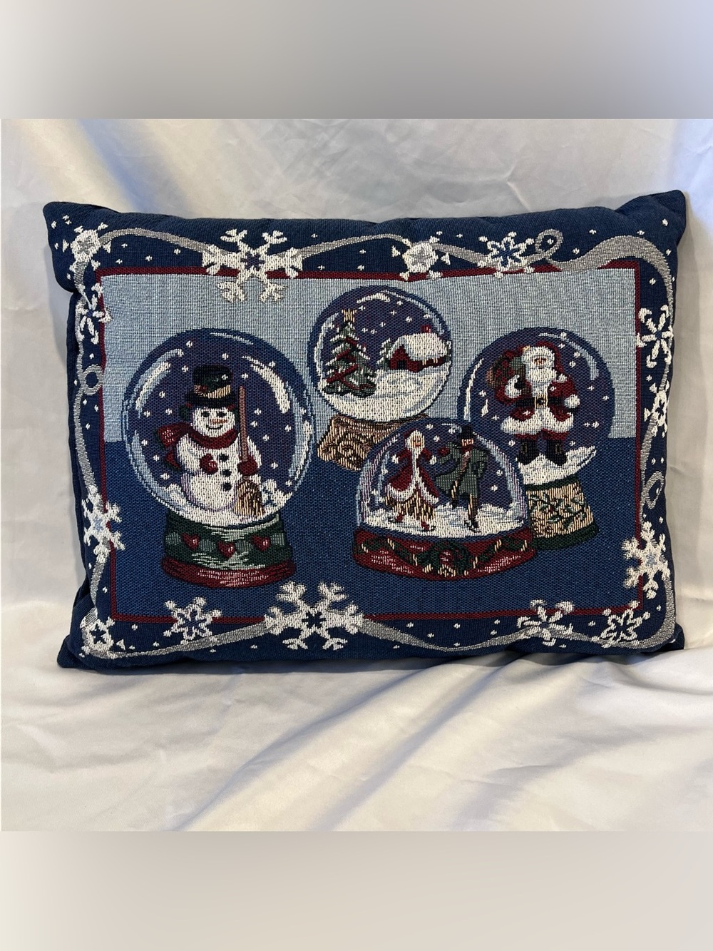 Vintage Christmas Snow Globe Tapestry Pillow Santa Snowman Cabin Carolers